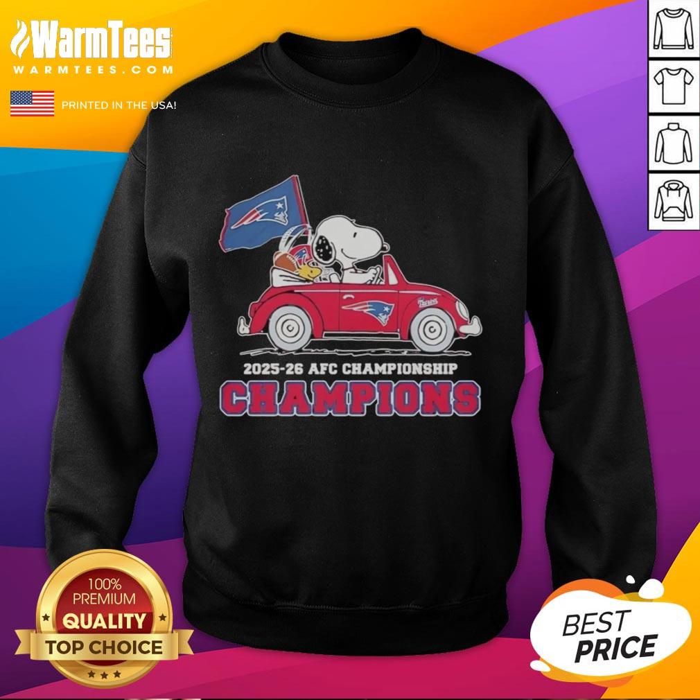 Snoopy and Woodstock in a New England Patriots car on a sweatshirt celebrating the AFC Championship Champions 2025-26.