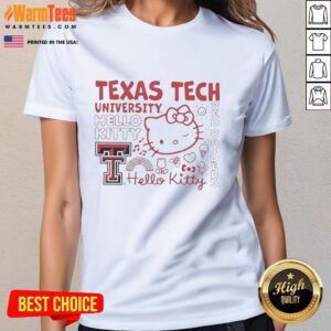 Alt Text: Ladies' tee featuring Texas Tech University and Hello Kitty icons with red Raiders theme, perfect for fans.