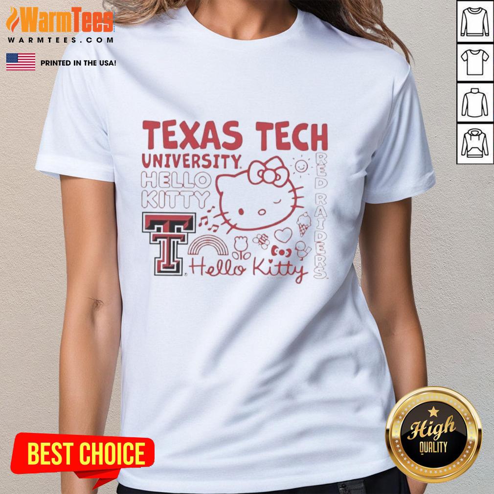 Alt Text: Ladies' tee featuring Texas Tech University and Hello Kitty icons with red Raiders theme, perfect for fans.
