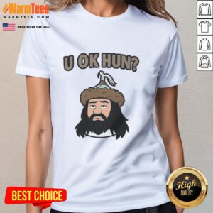 Cartoon face of Attila the Hun on a ladies tee, featuring the text 'Nice U Ok Hun' in vibrant colors.