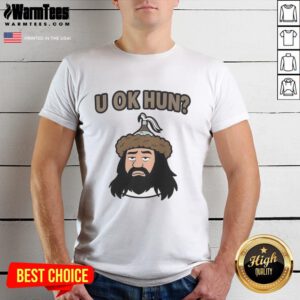 Cartoon T-shirt featuring Attila the Hun with the phrase 'Nice U Ok Hun,' perfect for history and humor lovers.