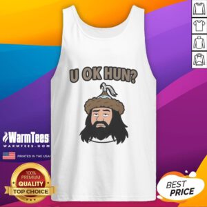 Cartoon tank top featuring a fun illustration of Attila the Hun's face with a playful design. Nice U Ok Hun style.