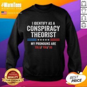 Official 'I Identify As A Conspiracy Theorist' sweatshirt featuring bold text, perfect for expressing unique beliefs.