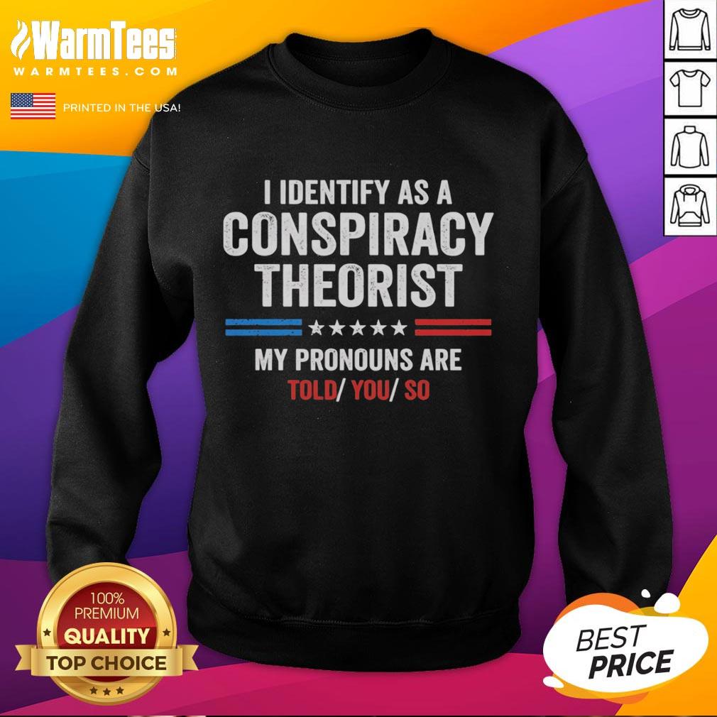 Official 'I Identify As A Conspiracy Theorist' sweatshirt featuring bold text, perfect for expressing unique beliefs.