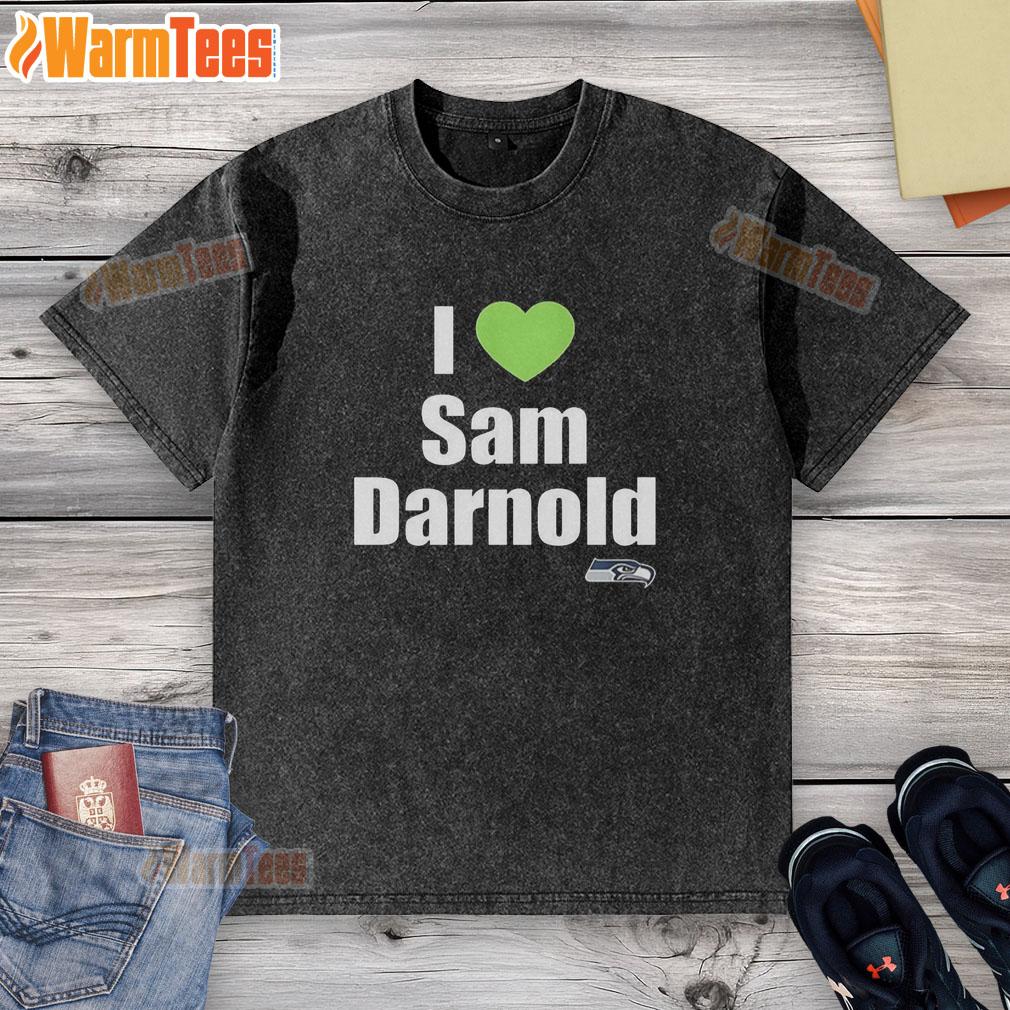 Official I Love Sam Darnold Seattle Seahawks Logo Washed T-Shirt in navy blue, perfect for Seahawks fans.