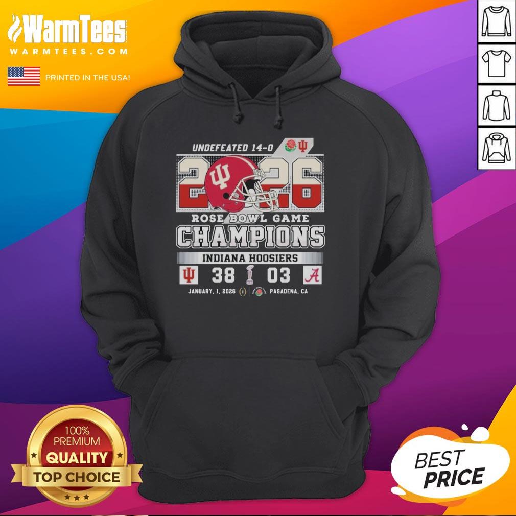 Official Indiana Hoosiers 2026 Rose Bowl Game Champions Score Hoodie featuring team colors and logo.