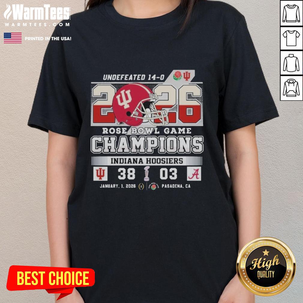 Official Indiana Hoosiers 2026 Rose Bowl Game Champions score ladies tee featuring vibrant team colors and logo.