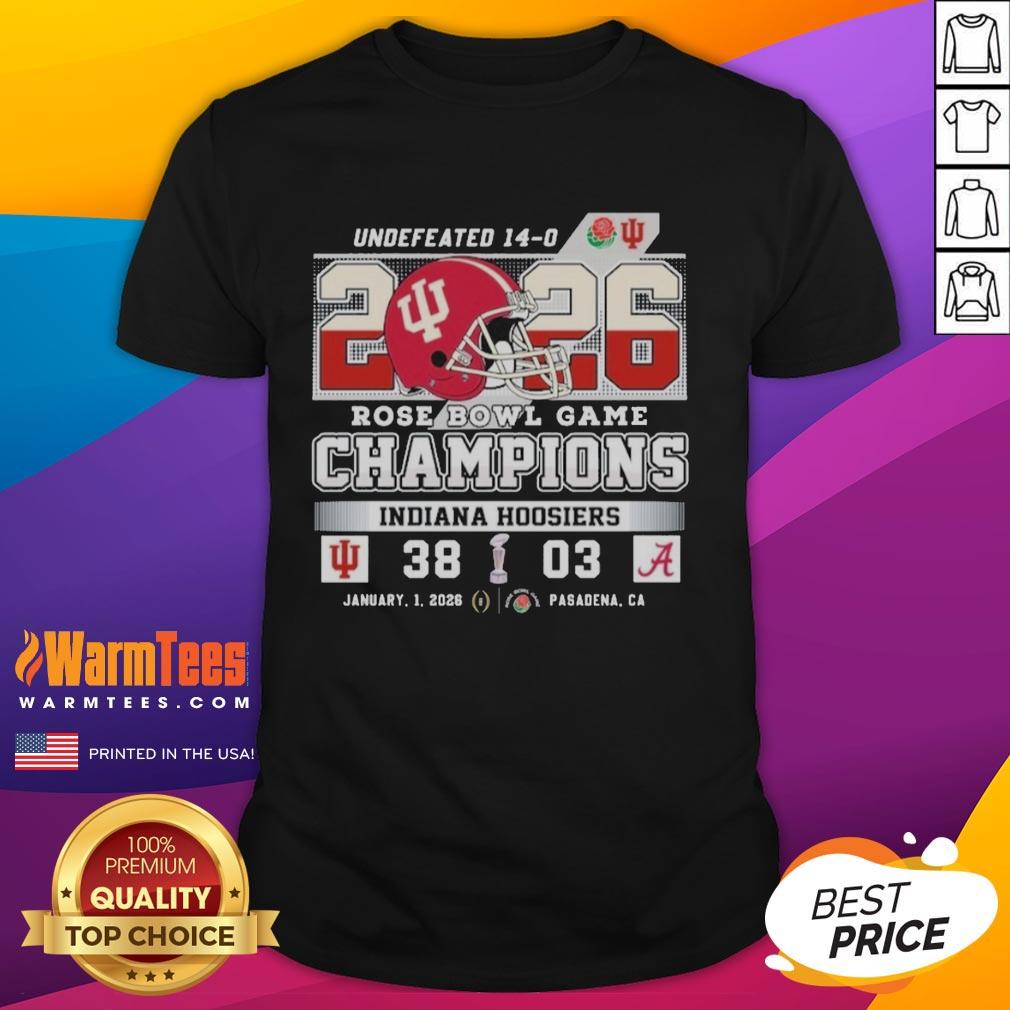Official Indiana Hoosiers 2026 Rose Bowl Game Champions Score T-Shirt featuring team colors and logo, perfect for fans.