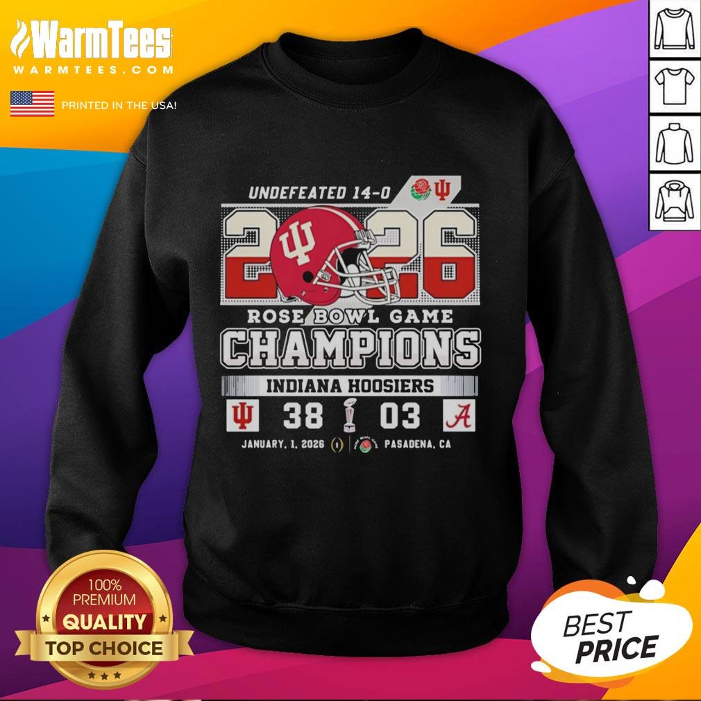 Official Indiana Hoosiers sweatshirt celebrating their victory over Alabama Crimson Tide at the 2026 Rose Bowl Game.