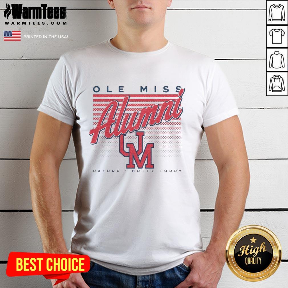 Official Ole Miss Retro Stripe Alumni Oxford Hotty Toddy T-Shirt featuring classic design and school colors for fans.