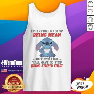Official Stitch tank top featuring 'I'm trying to stop being mean' design, perfect for fans of Disney and humorous apparel.