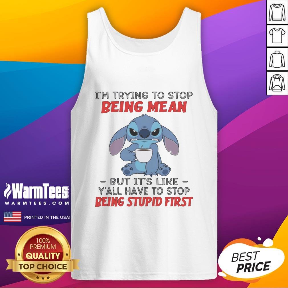 Official Stitch tank top featuring 'I'm trying to stop being mean' design, perfect for fans of Disney and humorous apparel.