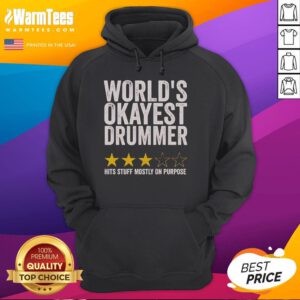 Official World's Okayest Drummer Hits Stuff Mostly On Purpose Hoodie in black, featuring a humorous drum-themed design.