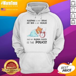 Original Sleeping Is My Drug hoodie design featuring playful text about bed and alarm clock humor.