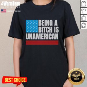 Pretty Being A Bitch Is Unamerican USA Flag Ladies Tee - stylish women's shirt featuring bold text and American flag design.