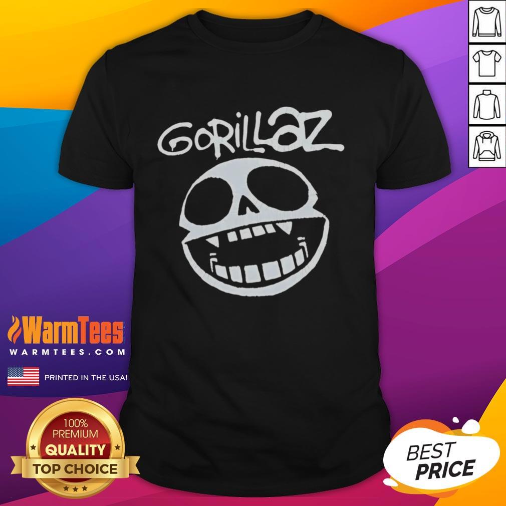 Alt Text: Stylish Gorillaz band skull logo t-shirt featuring vibrant colors and unique graphic design for music fans.
