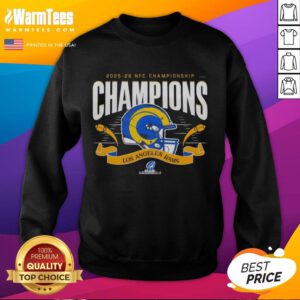 Alt Text: Stylish Los Angeles Rams NFC Championship 2025-26 sweatshirt featuring a large helmet design, perfect for fans.