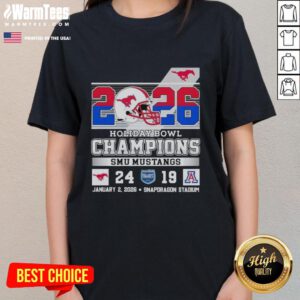 SMU Mustangs beat Arizona Wildcats at the 2026 Holiday Bowl, featured on a stylish ladies' tee for fans.