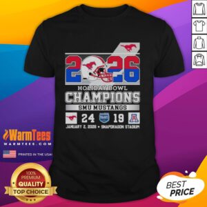2026 Holiday Bowl Champions T-Shirt celebrating SMU Mustangs victory over Arizona Wildcats.
