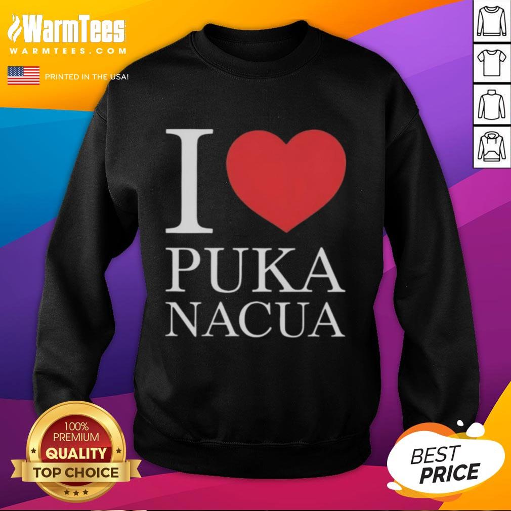 Alt Text: Cozy 'I Love Puka Nacua' sweatshirt featuring vibrant colors and stylish design for fans and fashion lovers.