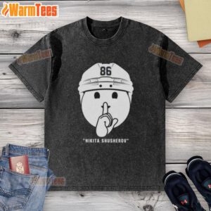 Alt Text: Top Nikita Kucherov 86 Tampa Bay Lightning Shhh Celly Washed T-Shirt featuring vibrant graphics and comfortable fit.