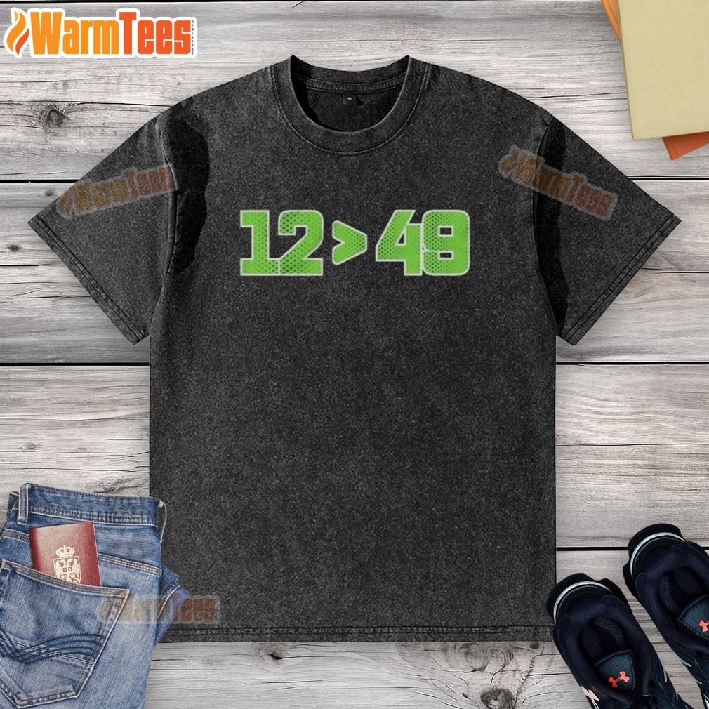 Top Seattle Seahawks 12 Defeated 49 Washed T-Shirt featuring a vintage design, perfect for fans celebrating the team's victory.