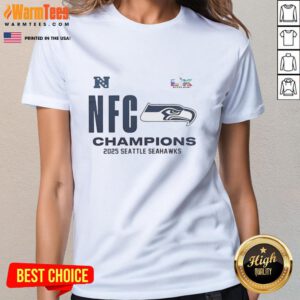Alt Text: Top Seattle Seahawks 2025 NFC Champions locker room ladies tee featuring team colors and logo, perfect for fans.