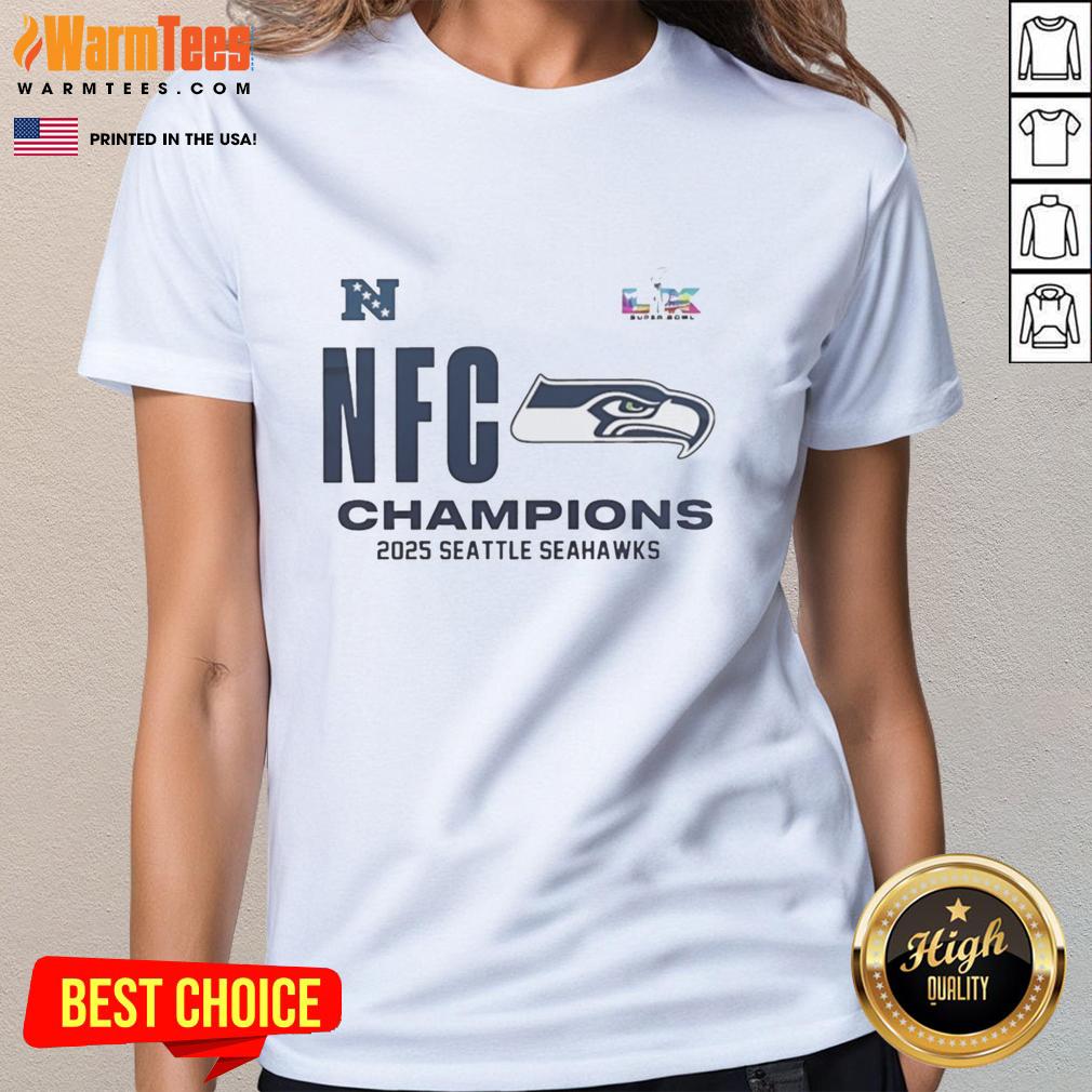 Alt Text: Top Seattle Seahawks 2025 NFC Champions locker room ladies tee featuring team colors and logo, perfect for fans.