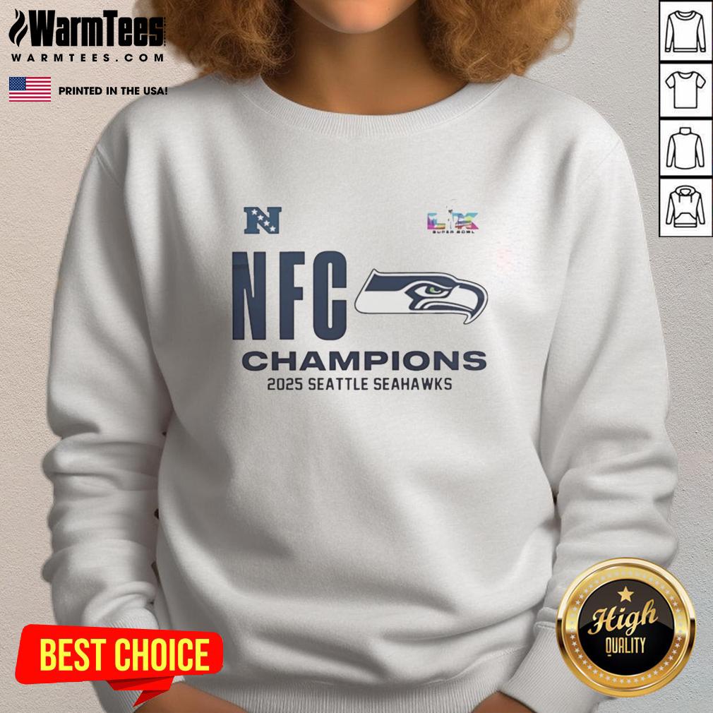 Top Seattle Seahawks 2025 NFC Champions locker room sweatshirt displayed on a hanger, showcasing team pride and style.
