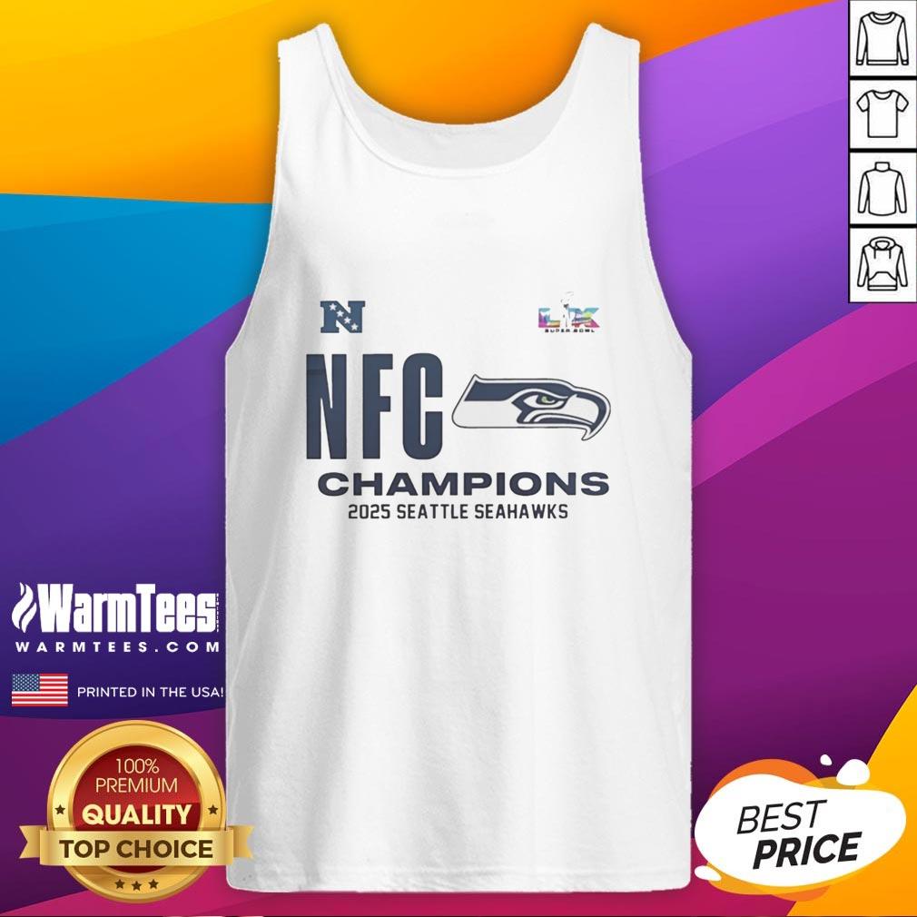Alt Text: Top Seattle Seahawks 2025 NFC Champions locker room tank top featuring team logo and championship design.