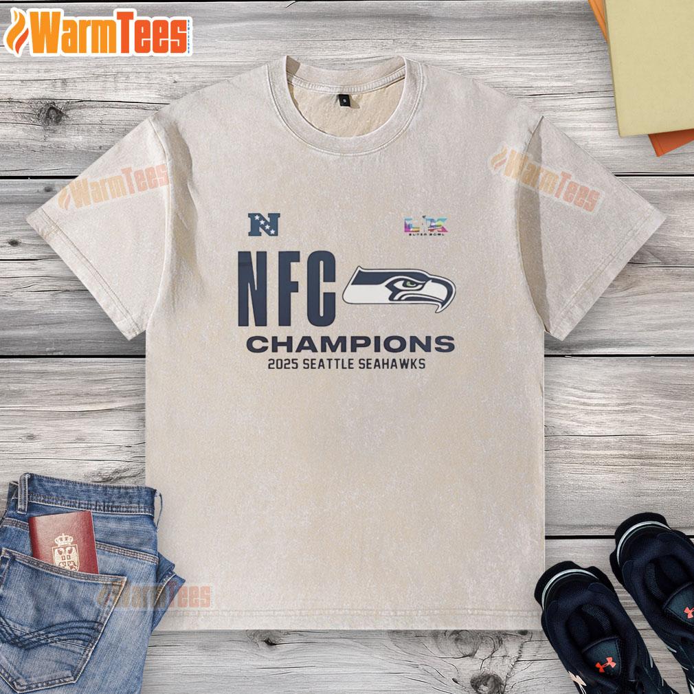 Alt Text: 2025 NFC Champions Locker Room Washed T-Shirt featuring Seattle Seahawks logo and vibrant team colors.