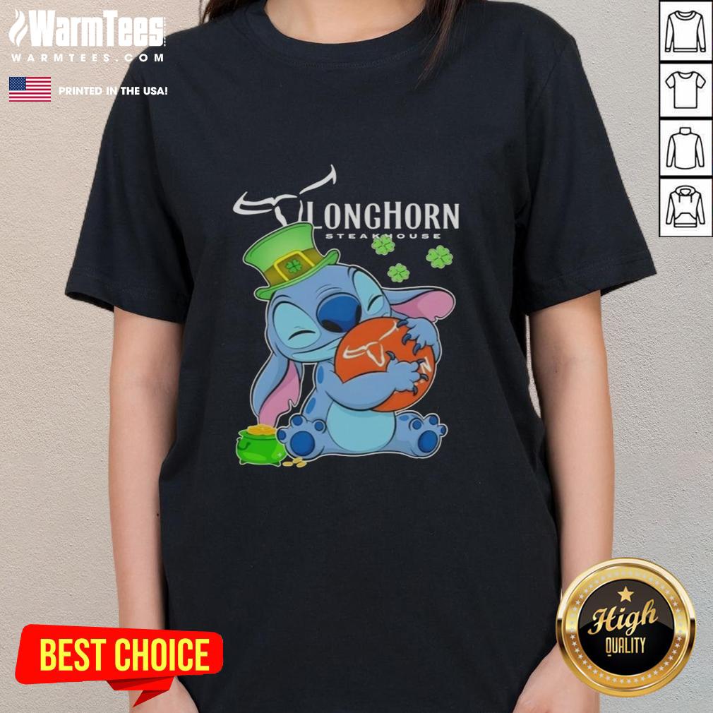 Cute Stitch hugging Texas Longhorn Steakhouse logo on a Happy St. Patrick's Day ladies tee design.