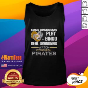 Grandmas in Pittsburgh Pirates gear enjoy bingo, wearing a heart-shaped tank top, celebrating their love for the team.