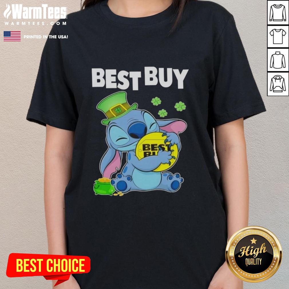 Good Stitch Hug Best Buy logo on a Happy St. Patrick's Day ladies tee, featuring a festive green design.