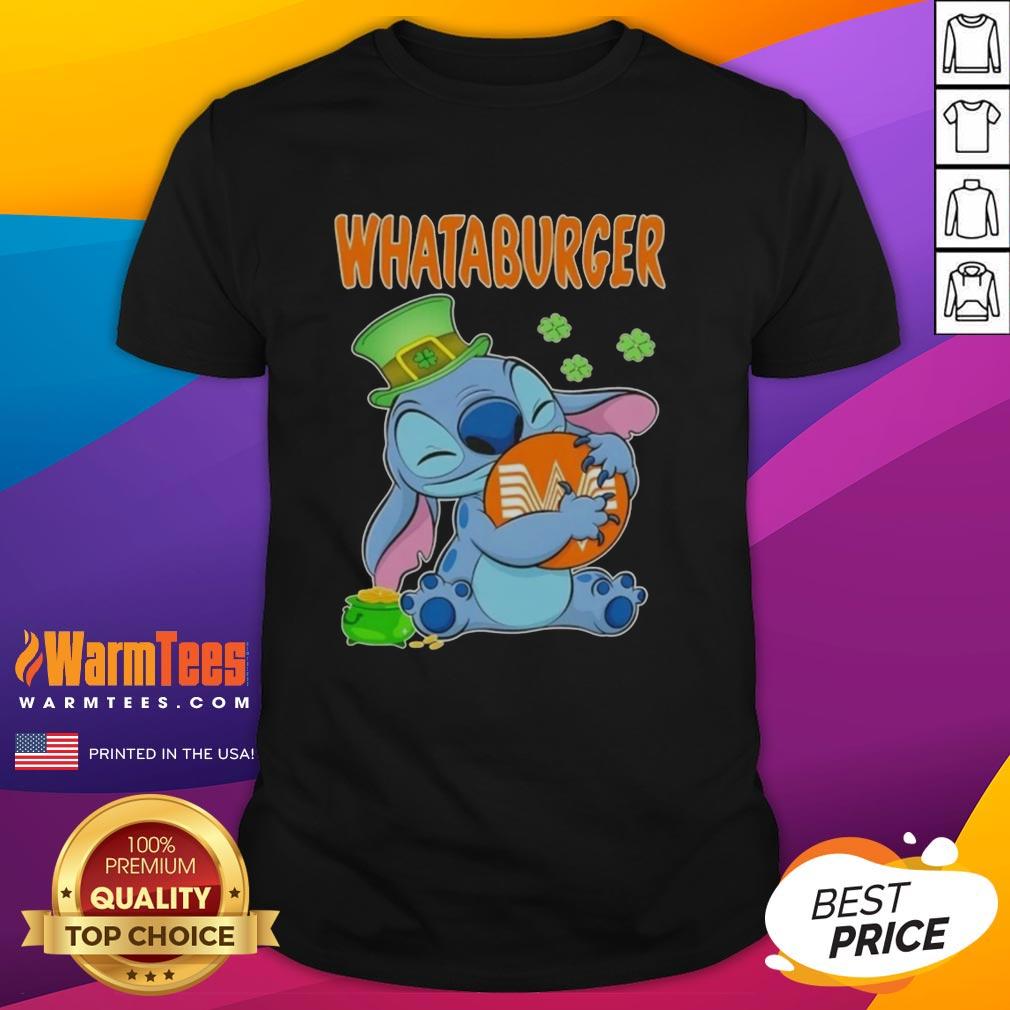 Good Stitch Hug Whataburger logo Happy Patrick's Day T-Shirt design featuring festive colors and playful graphics.