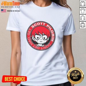 Scott Pilgrim Don't Get Mad Get Ladies Tee featuring vibrant graphic design and playful text, perfect for fans.