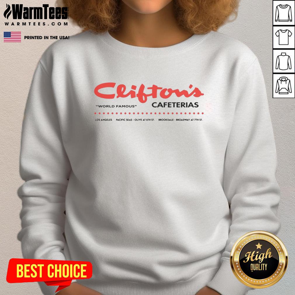 Vintage Official Cliftons Cafeterias sweatshirt from Los Angeles, CA, showcasing retro restaurant style and iconic logo.
