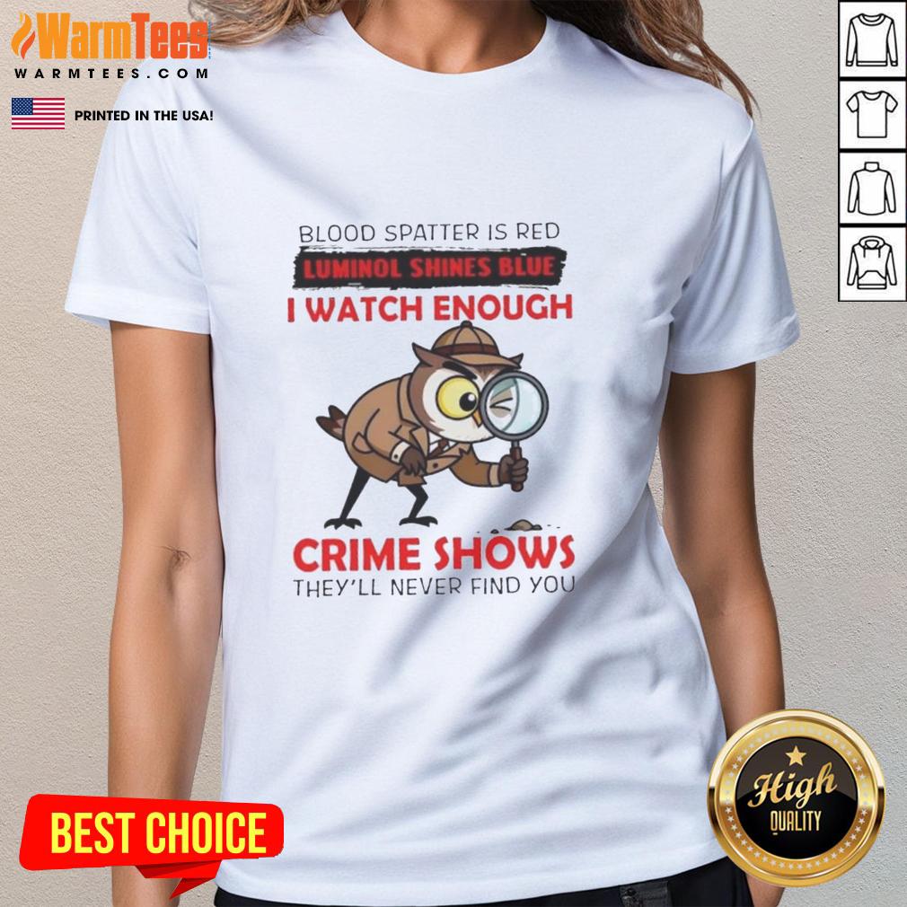 Official Owl Blood Spatter graphic on a red tee, with blue Luminol effect; perfect for crime show enthusiasts.