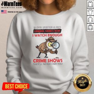 Red owl blood spatter design on a sweatshirt, with blue luminol glow, perfect for crime show enthusiasts.