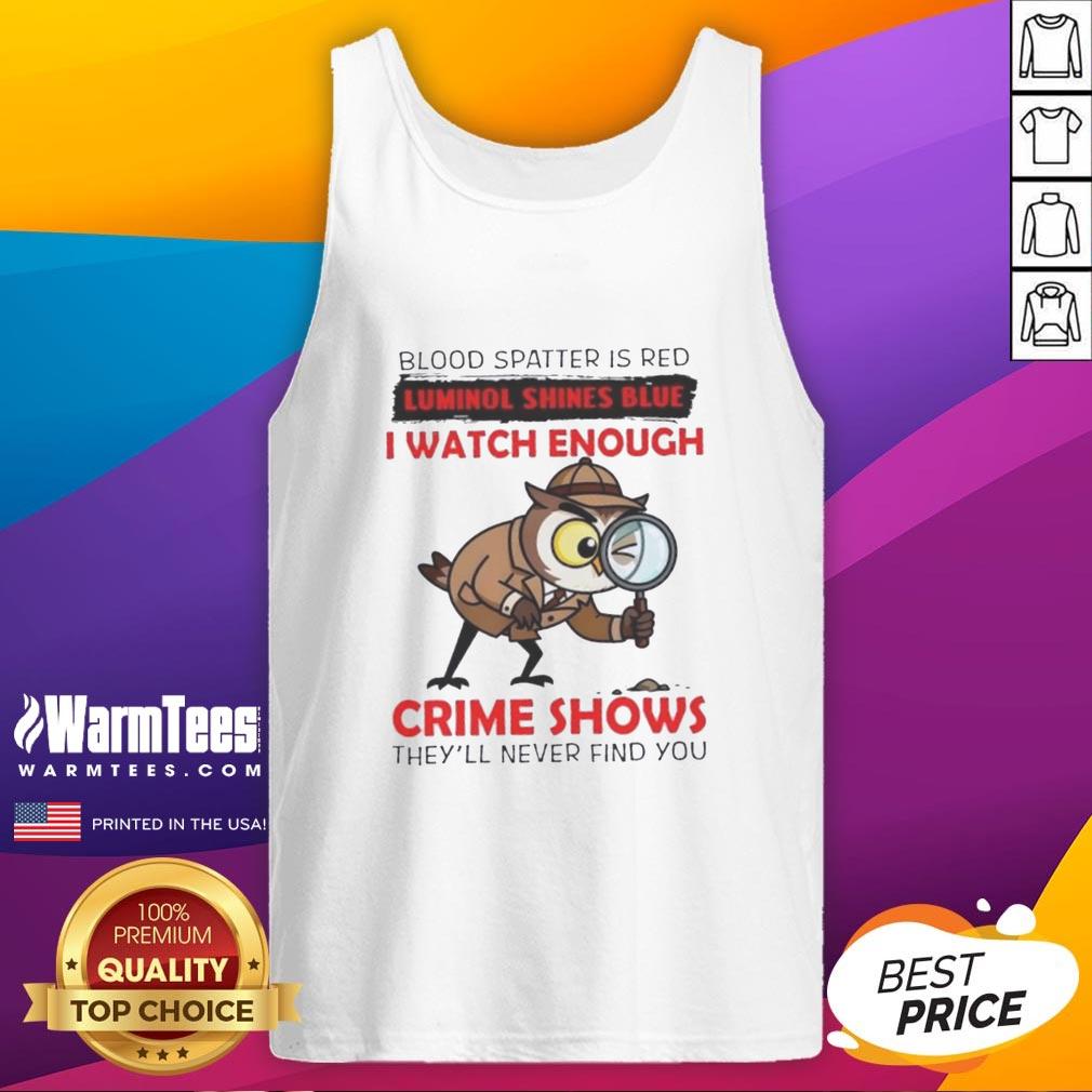 Red blood spatter on a tank top with blue luminol highlights, featuring the phrase about crime shows and concealment.