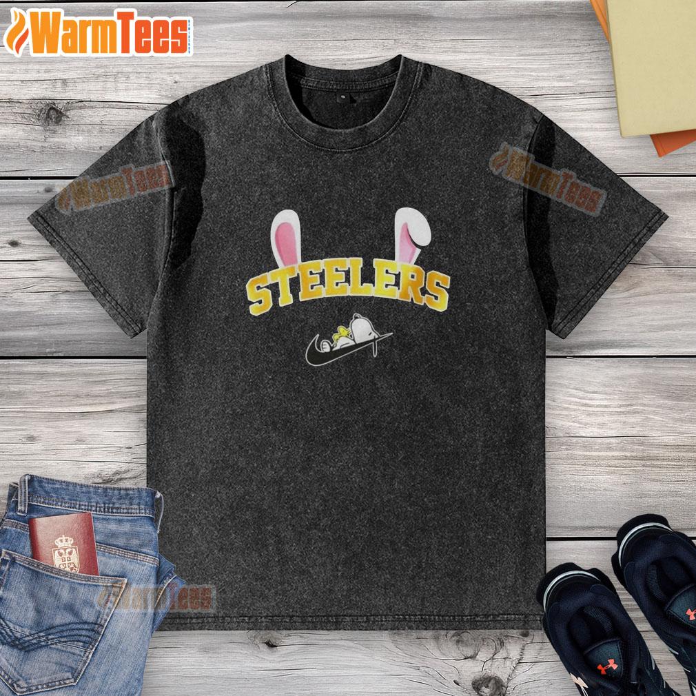 Official Pittsburgh Steelers X Snoopy Happy Easter washed t-shirt featuring colorful graphics for fans celebrating Easter.