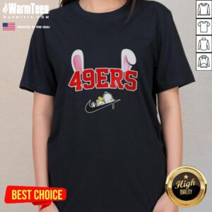Official San Francisco 49ers x Snoopy Happy Easter ladies tee featuring a playful design perfect for fans and spring celebrations.