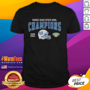 Official Utah State Aggies 2025 Famous Idaho Potato Bowl Champions Helmet T-Shirt showcasing team pride and celebration.