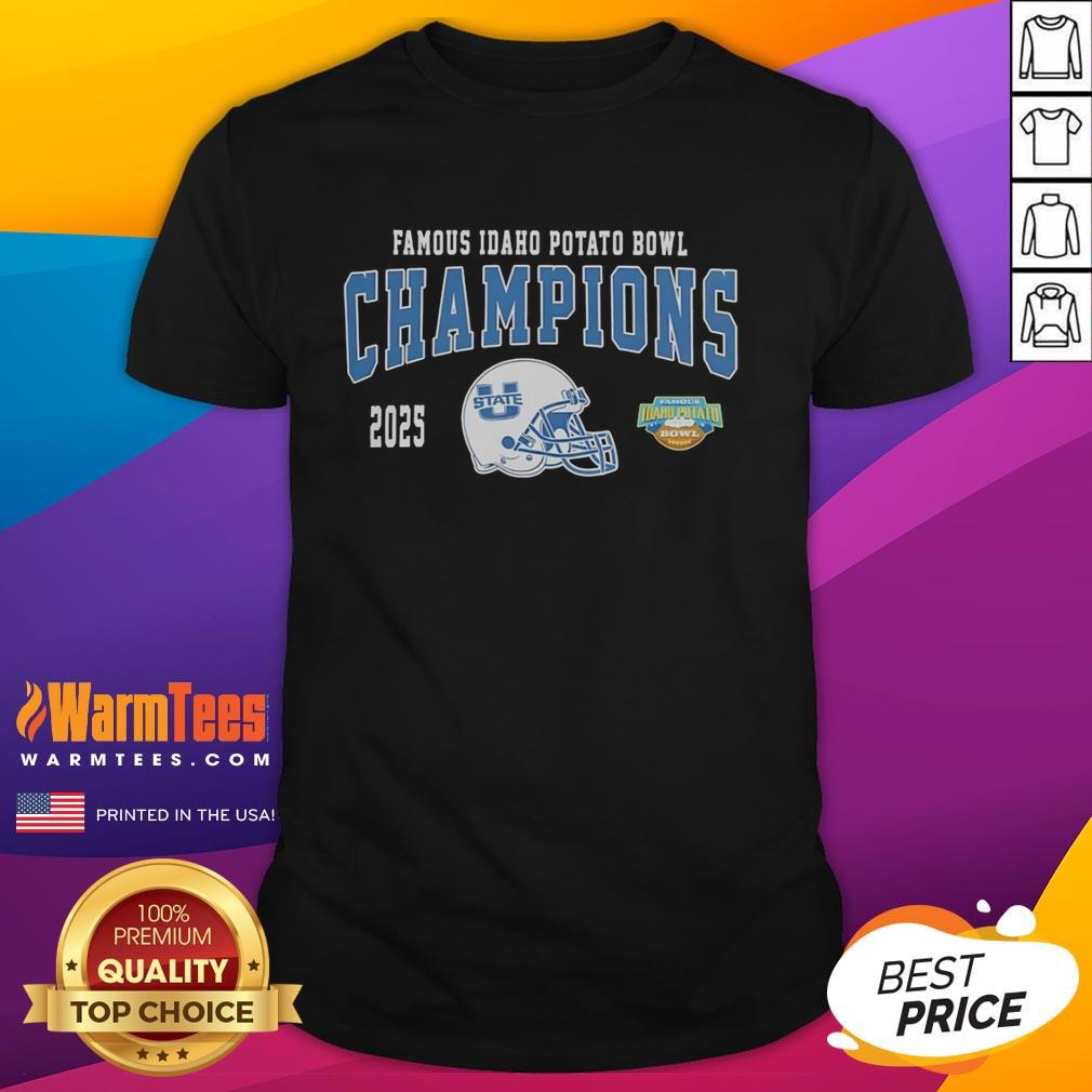 Official Utah State Aggies 2025 Famous Idaho Potato Bowl Champions Helmet T-Shirt showcasing team pride and celebration.