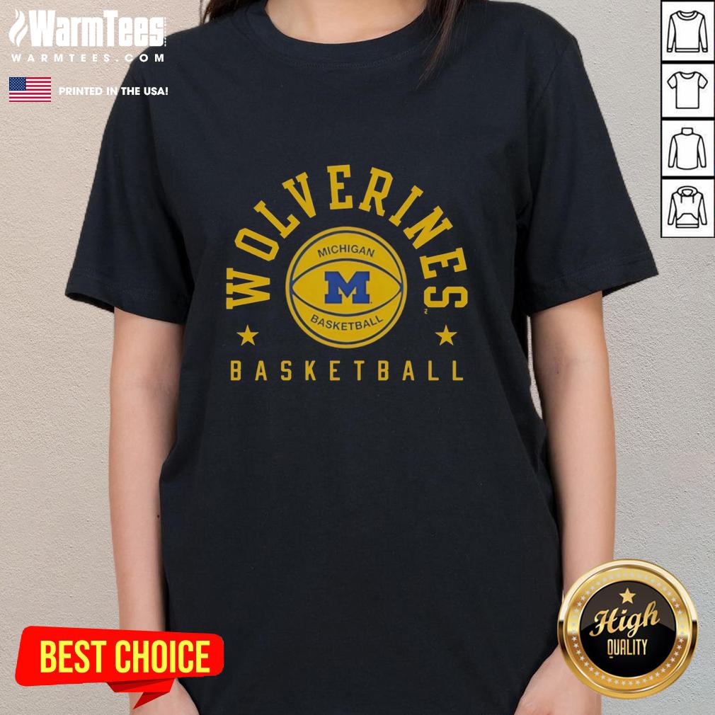 Alt Text: Original Valiant University of Michigan Basketball Retro Stars Ladies Tee in blue and maize, perfect for fans.