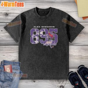 Alt Text: Premium Alexander Ovechkin 895 Washington Capitals hockey washed t-shirt displayed on a wooden background.