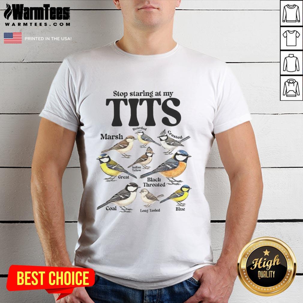 Premium Stop Staring At My Tits Sparrow Species Meme T-Shirt featuring a humorous graphic and vibrant colors.