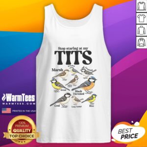 Premium Stop Staring At My Tits Sparrow Species Meme Tank Top featuring a playful bird graphic and humorous text.