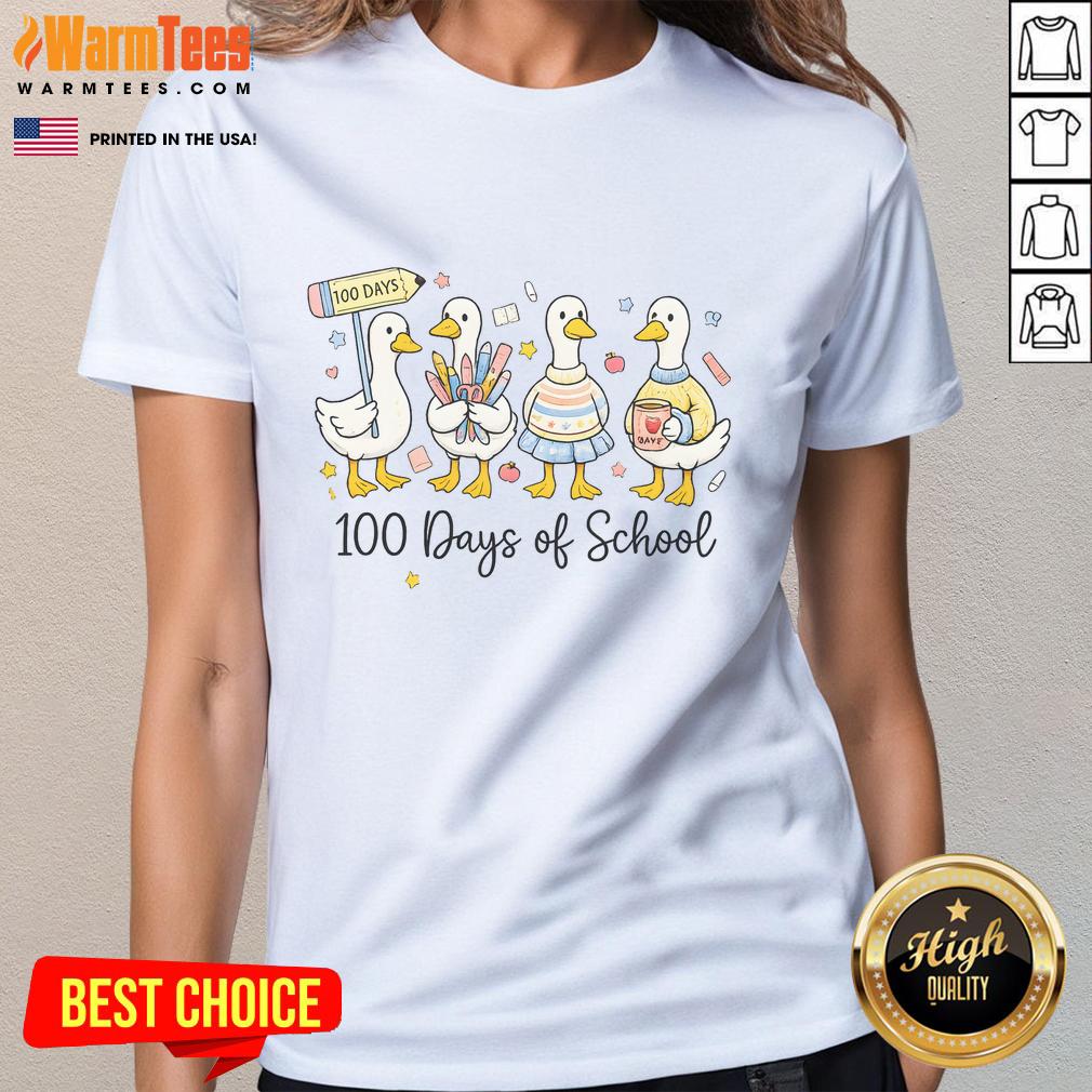 Alt Text: Cute goose teacher with ducks celebrating 100 days of school on a ladies tee shirt design. Perfect for 100th day events!