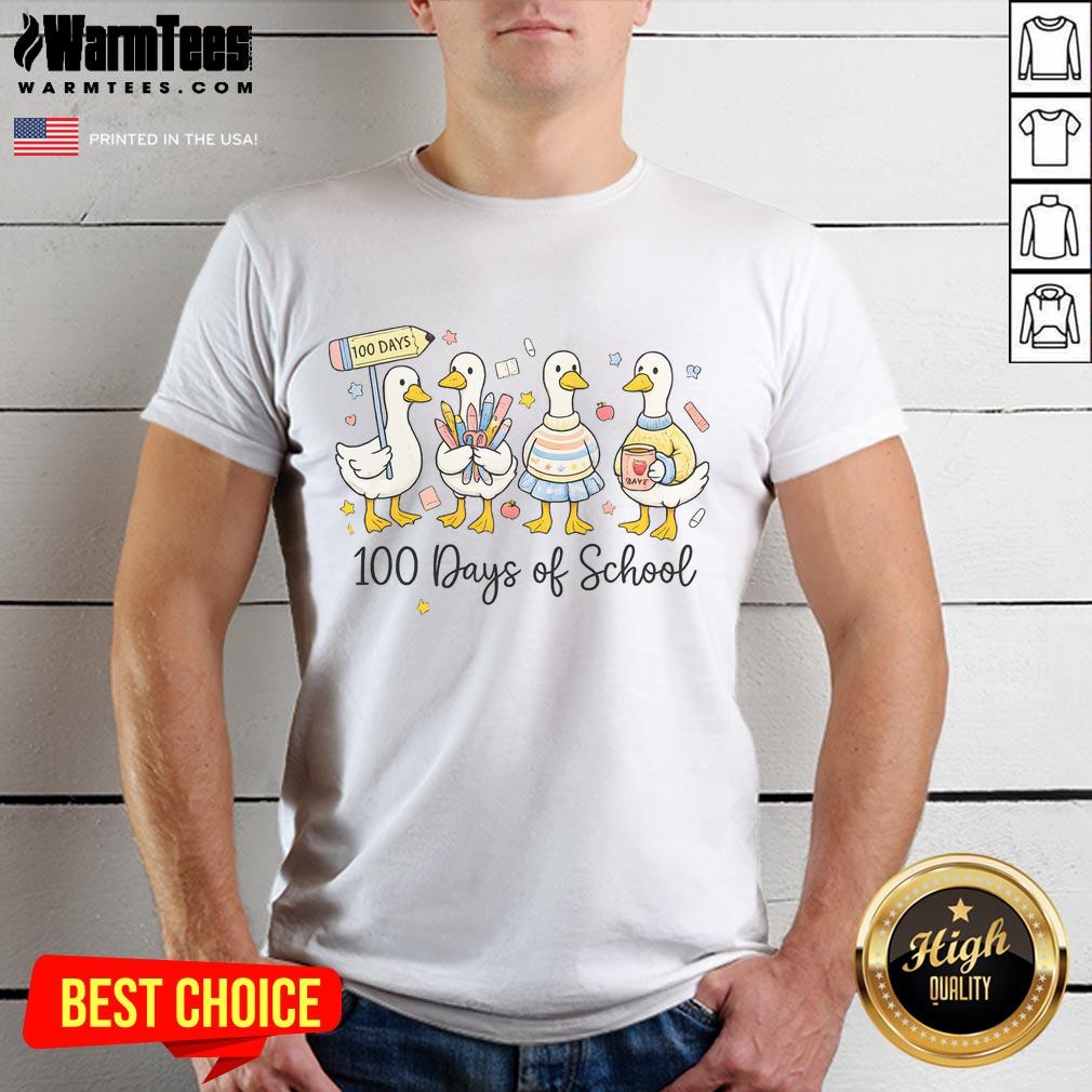 Alt Text: Cute 100 Days of School Ducks and Goose design on a teacher t-shirt celebrating the 100th day of school.
